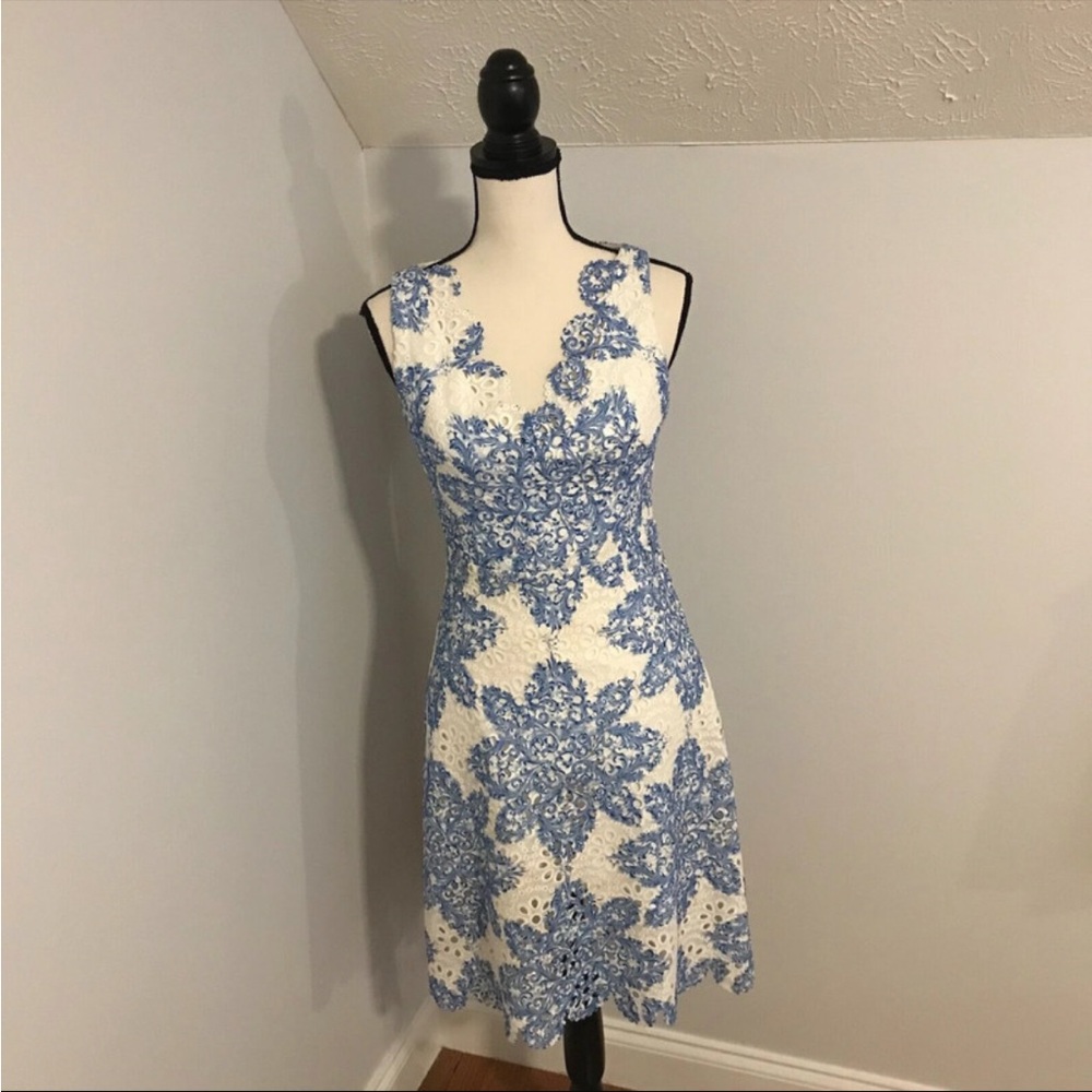 Anthropologie Elegant Blue and White Lace Dress